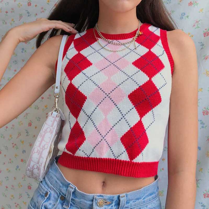 Checkered Cropped Knitted Tank Argyle Sleeveless Jumper