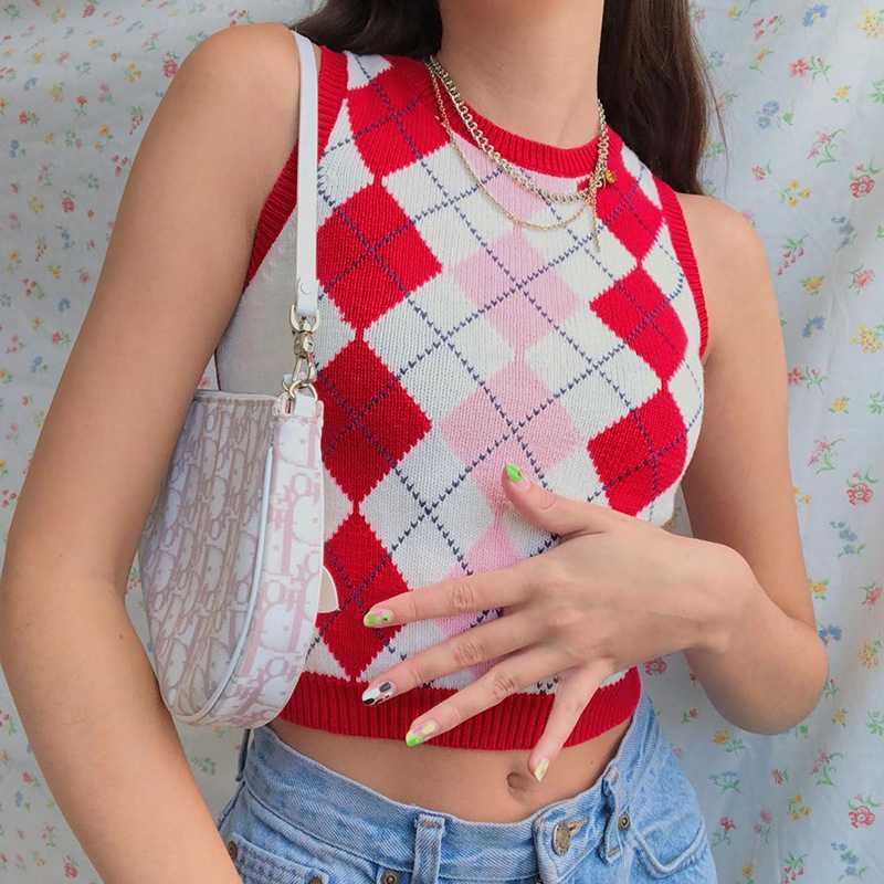 Checkered Cropped Knitted Tank Argyle Sleeveless Jumper