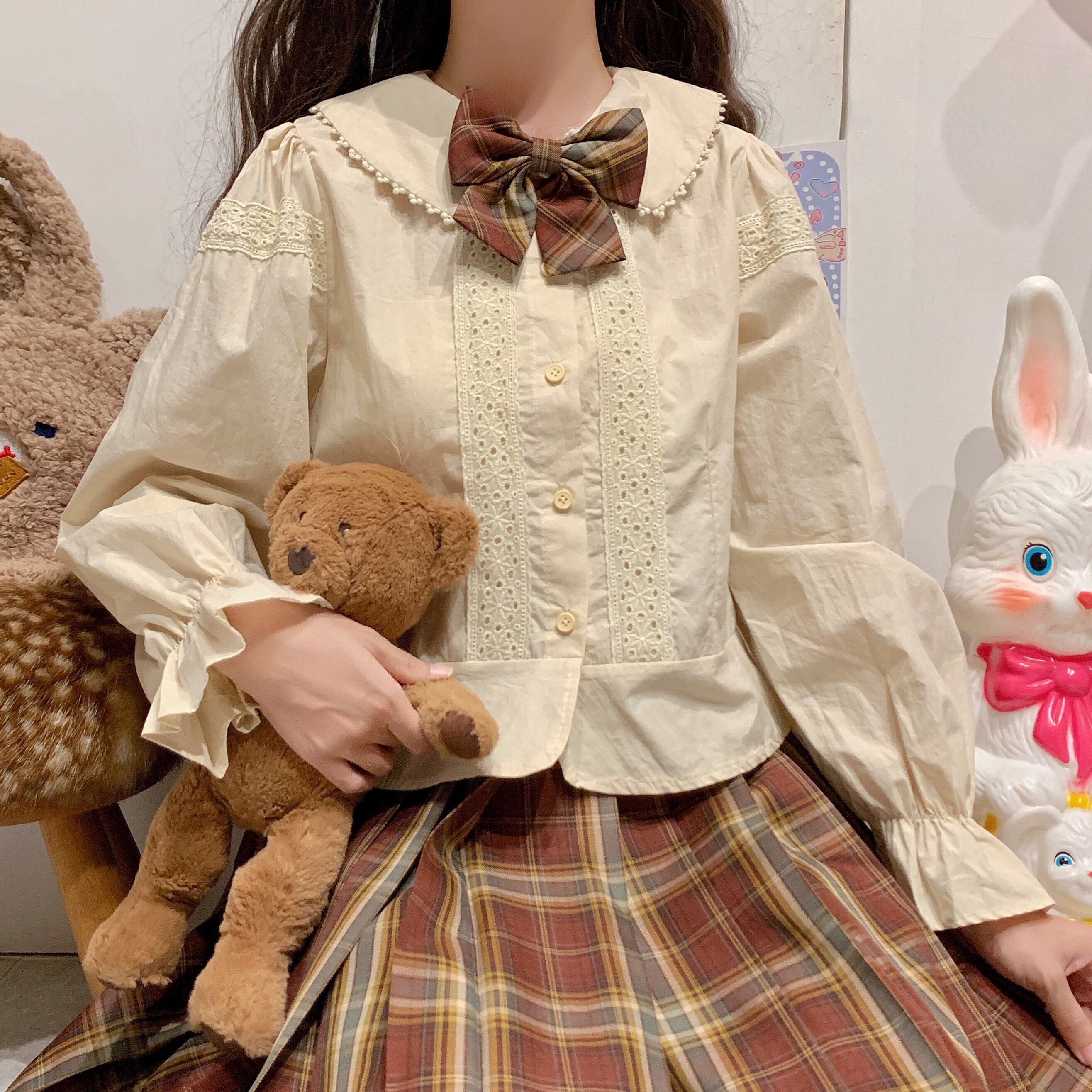 Kawaii Peter Pan Collar Eyelet Short Sleeve Lolita Blouse Shirt
