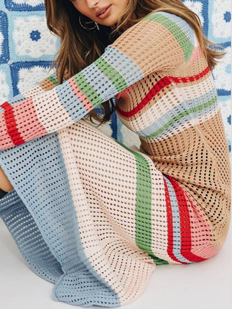 Rainbow Semi Sheer Weave Knitted Crochet Maxi Dress