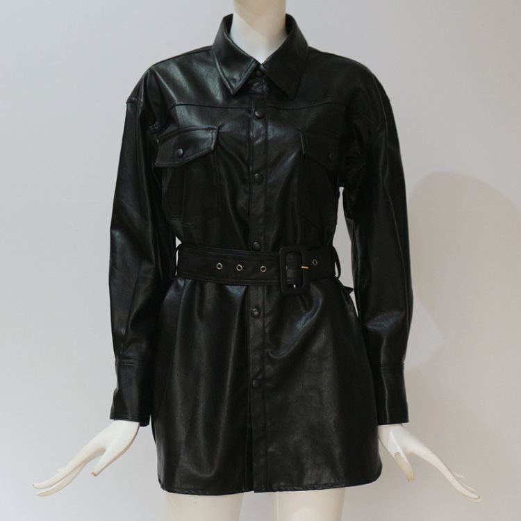 Green Faux Leather Shirt Jacket With Tie Waist Belt