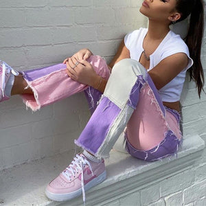 Patchwork Stitch Color Block Slim Fit Straight Leg Jeans Ripped Denim Pants