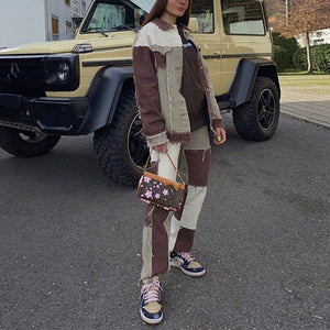 Patchwork Stitch Color Block Slim Fit Straight Leg Jeans Ripped Denim Pants
