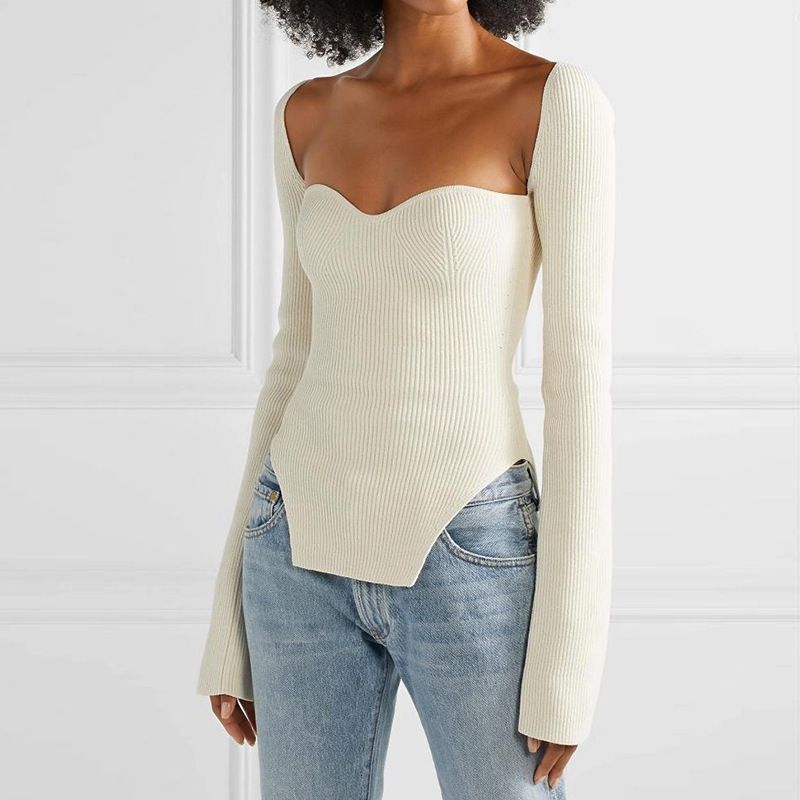 Slim Fit Ribbed Knit Long Sleeve Corset Top Shirts