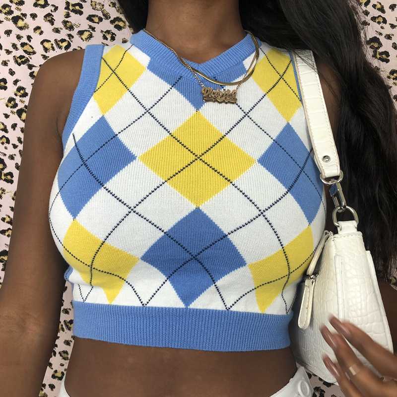 Checkered Cropped Knitted Tank Argyle Sleeveless Jumper