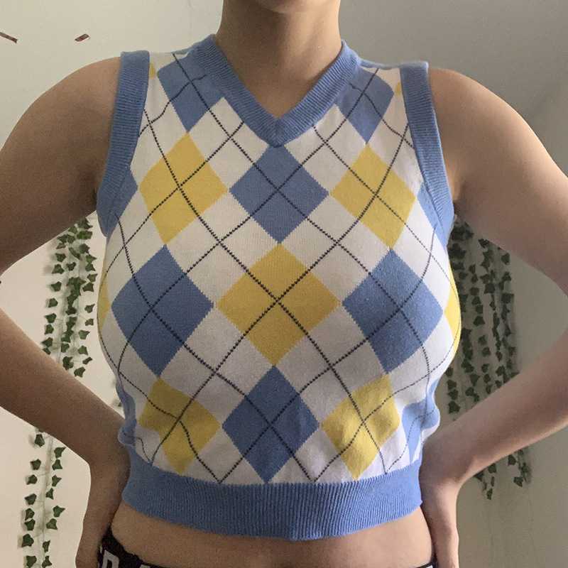 Checkered Cropped Knitted Tank Argyle Sleeveless Jumper