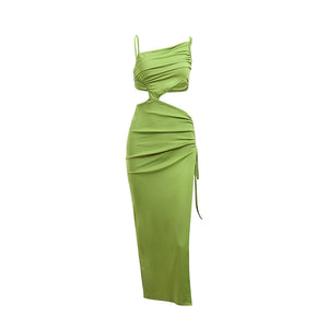 Sexy Cinched Shirring Side Hip Cut Out Maxi Bodycon Dress With Slit