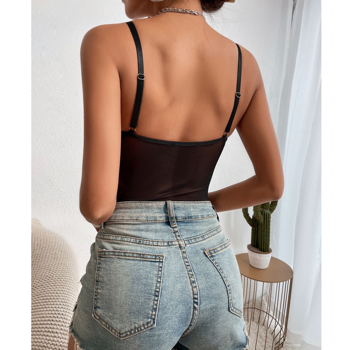 Sexy Striped Seethrough Mesh Lace Underwired Sleeveless Bodysuit