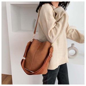 Italian Design Carryall Faux Suede Leather Bucket Bag