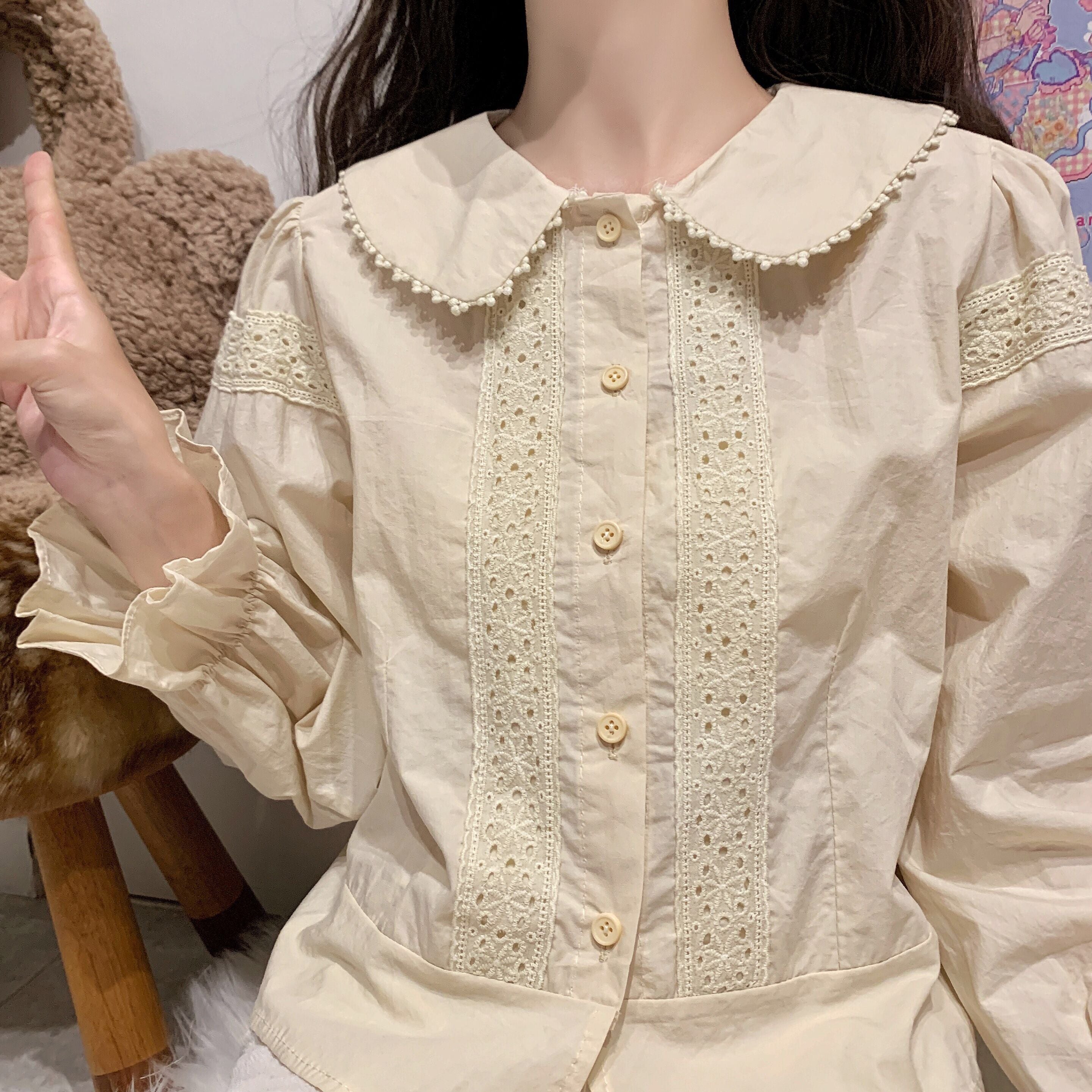 Kawaii Peter Pan Collar Eyelet Short Sleeve Lolita Blouse Shirt