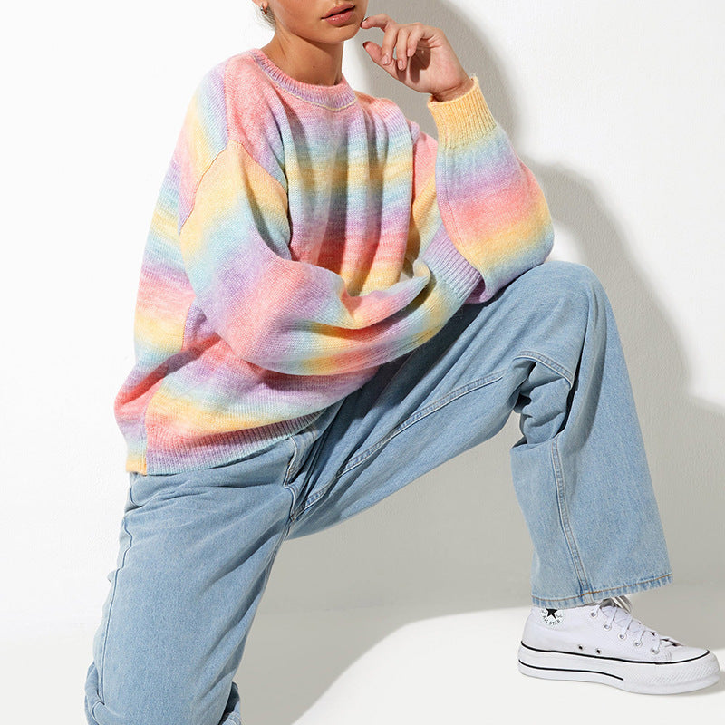 Fairy Kei Pastel Aesthetic Rainbow Color Block Ombre Stripes Sweaters Knitted Pullover