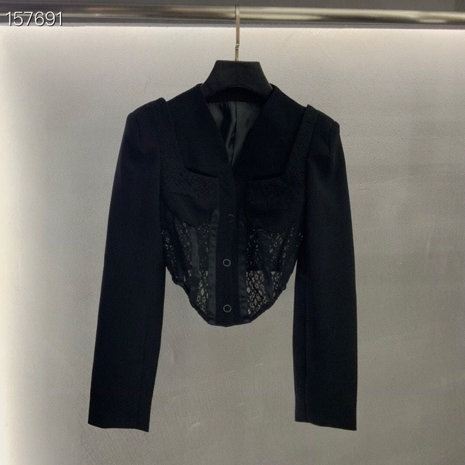 Slim Fit Tailored Blocked Mesh Lace Cropped Corset jacket