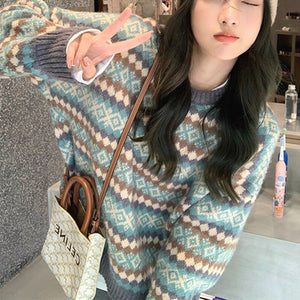Retro Color Block Stripe Chunky Knitted Jumper Colored Knitwear Sweater
