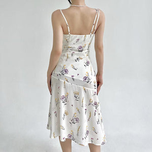Asymmetric Slip Floral Print Scallop Hem Shift White Flare Dress
