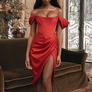 Silky Satin Corset Long Ruched Dress With Slit On The Side
