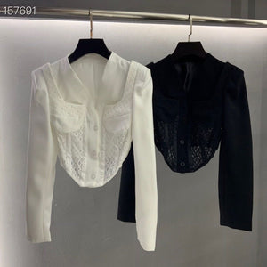 Slim Fit Tailored Blocked Mesh Lace Cropped Corset jacket