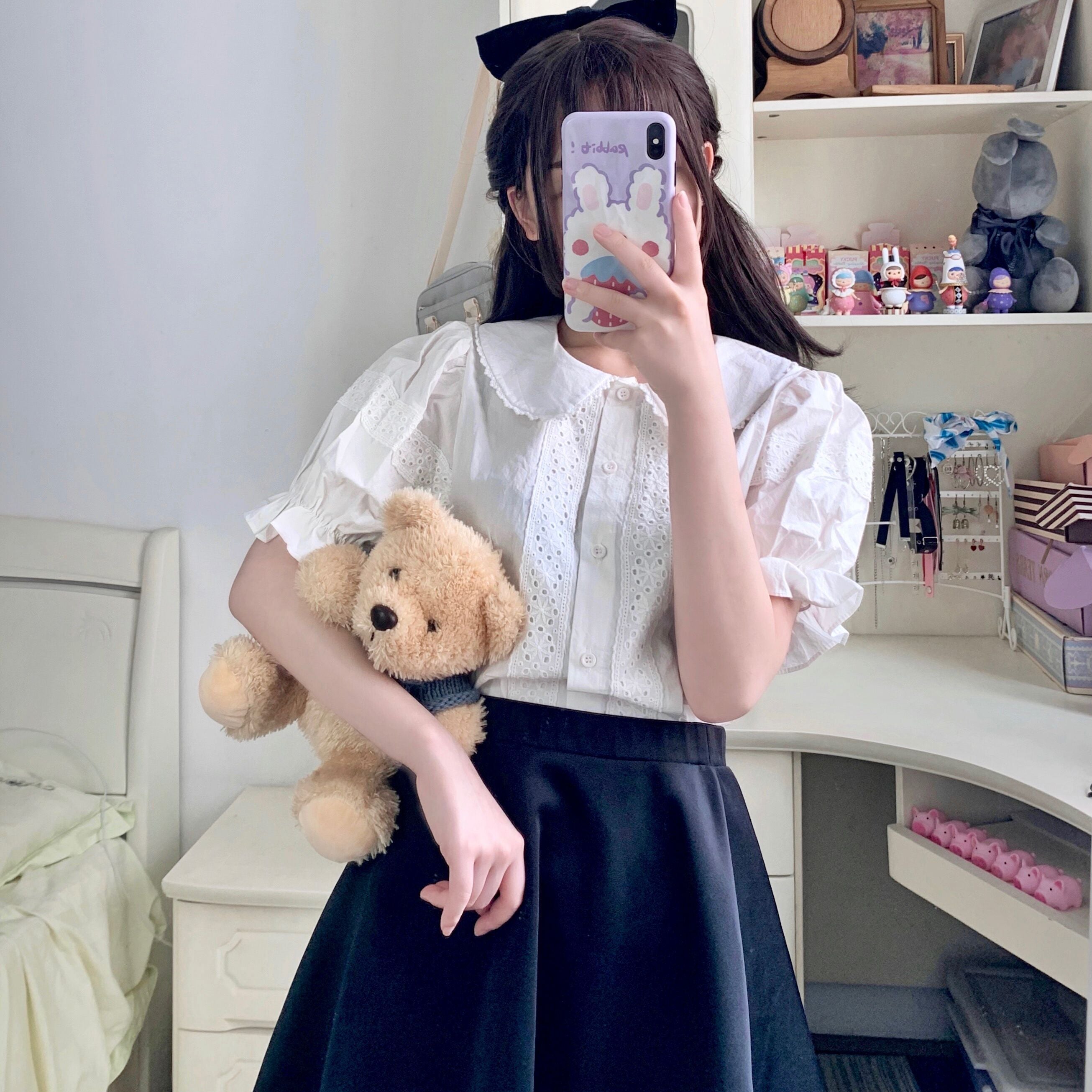 Kawaii Peter Pan Collar Eyelet Short Sleeve Lolita Blouse Shirt