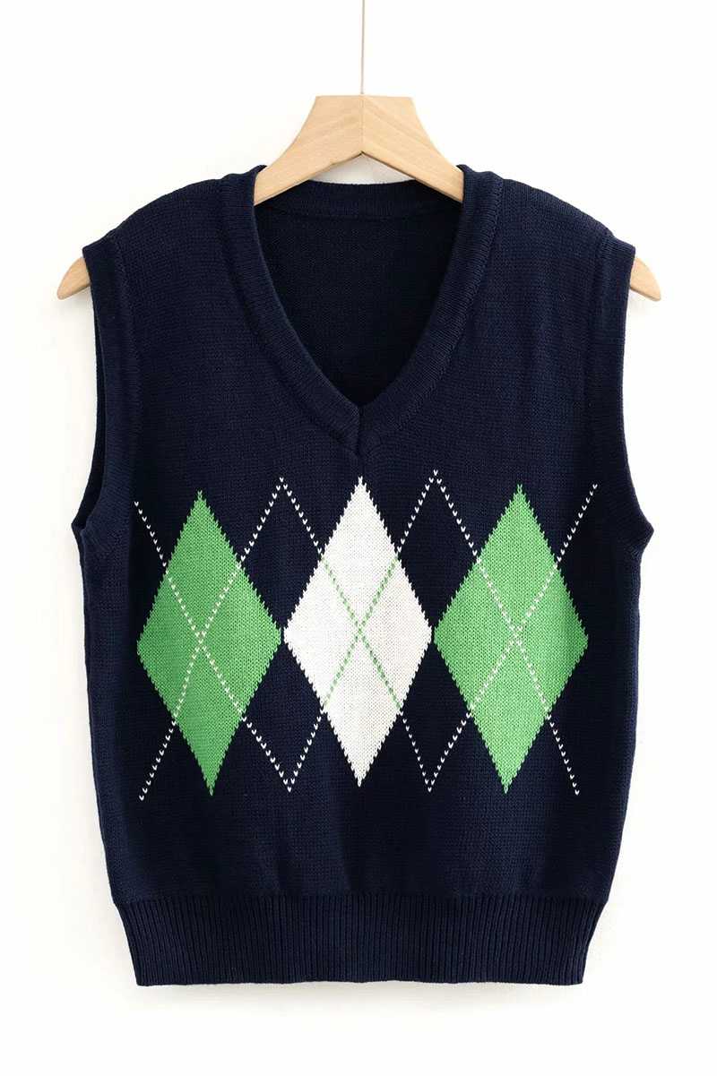 Checkered Cropped Knitted Tank Argyle Sleeveless Jumper