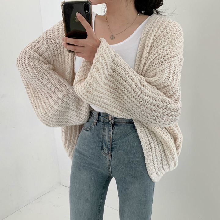 Casual Loose Comfy Chunky Open Knit Lantern Cardigan Sweater Knitwear