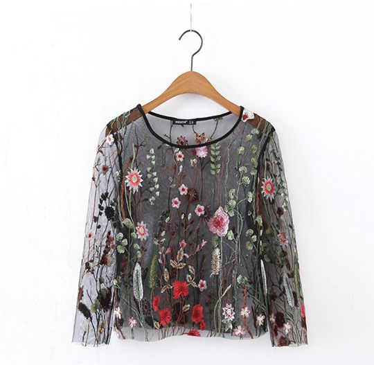 Bohemian Floral Embroidered Black Mesh Crop Top