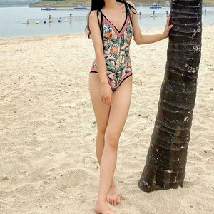 Reversible Thin Strap Tie Up Block Trim V Neck Floral Print One Piece Swimwear Bathsuit