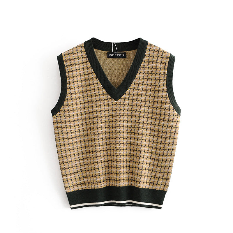 Color Block Oversized Dogtooth Sleeveless Knit Vest Jumper