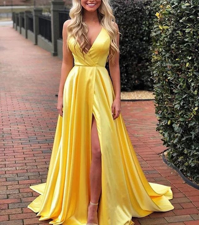 Spaghetti Strap Deep Plunge Thigh Split Maxi Prom Dress