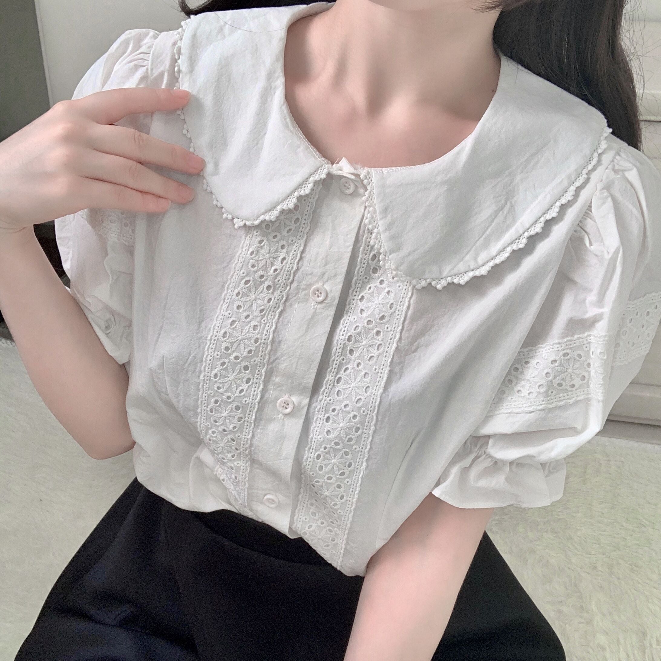 Kawaii Peter Pan Collar Eyelet Short Sleeve Lolita Blouse Shirt