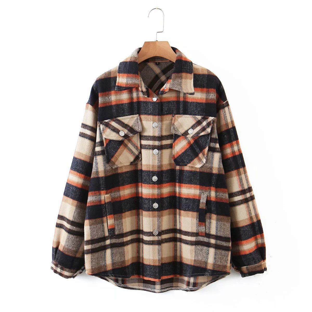 Classic Thick Colorblock Checked Button Down Shirt Jacket Woolen