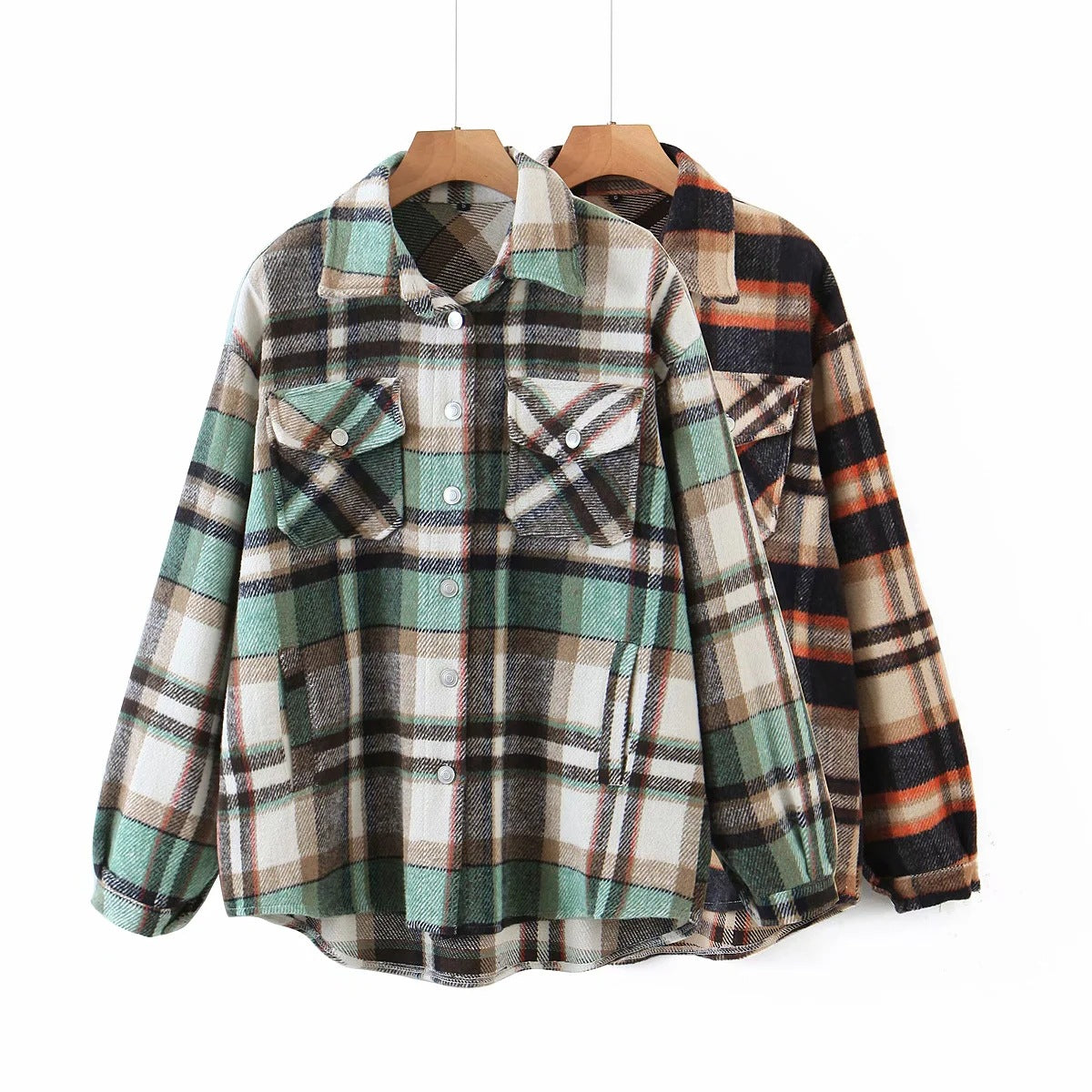 Classic Thick Colorblock Checked Button Down Shirt Jacket Woolen