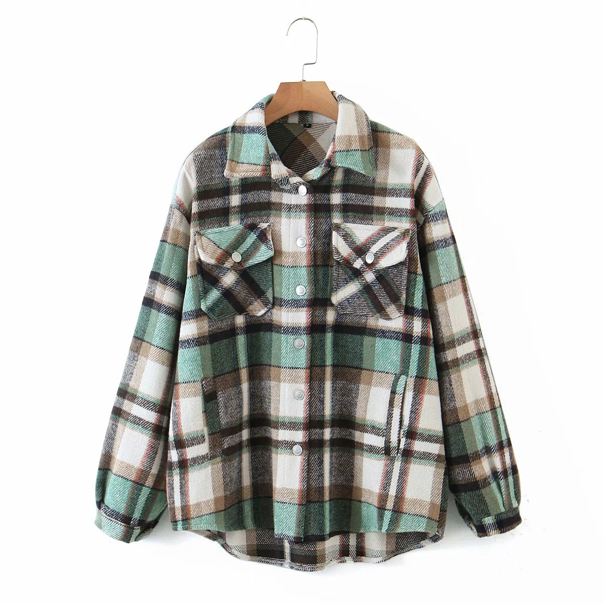 Classic Thick Colorblock Checked Button Down Shirt Jacket Woolen