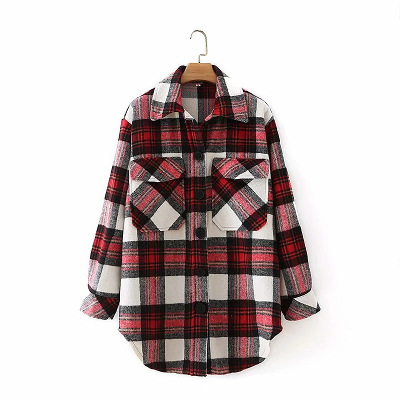 Classic Thick Colorblock Checked Button Down Shirt Jacket Woolen