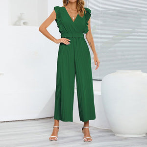 Formal Belted Ruffle Pleated V Neck Wide Leg Palazzo Jumpsuits For Women