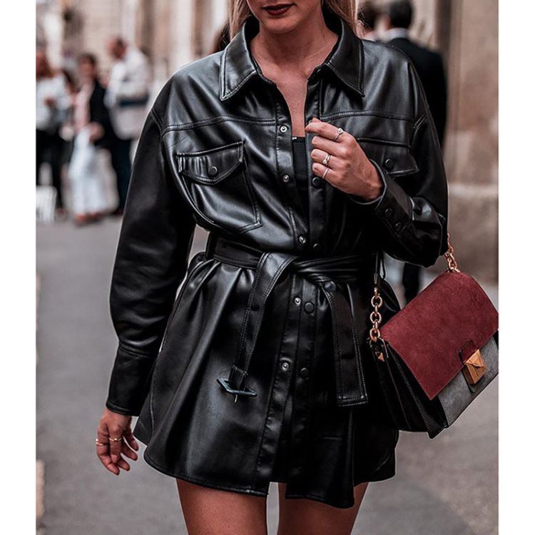 Green Faux Leather Shirt Jacket With Tie Waist Belt