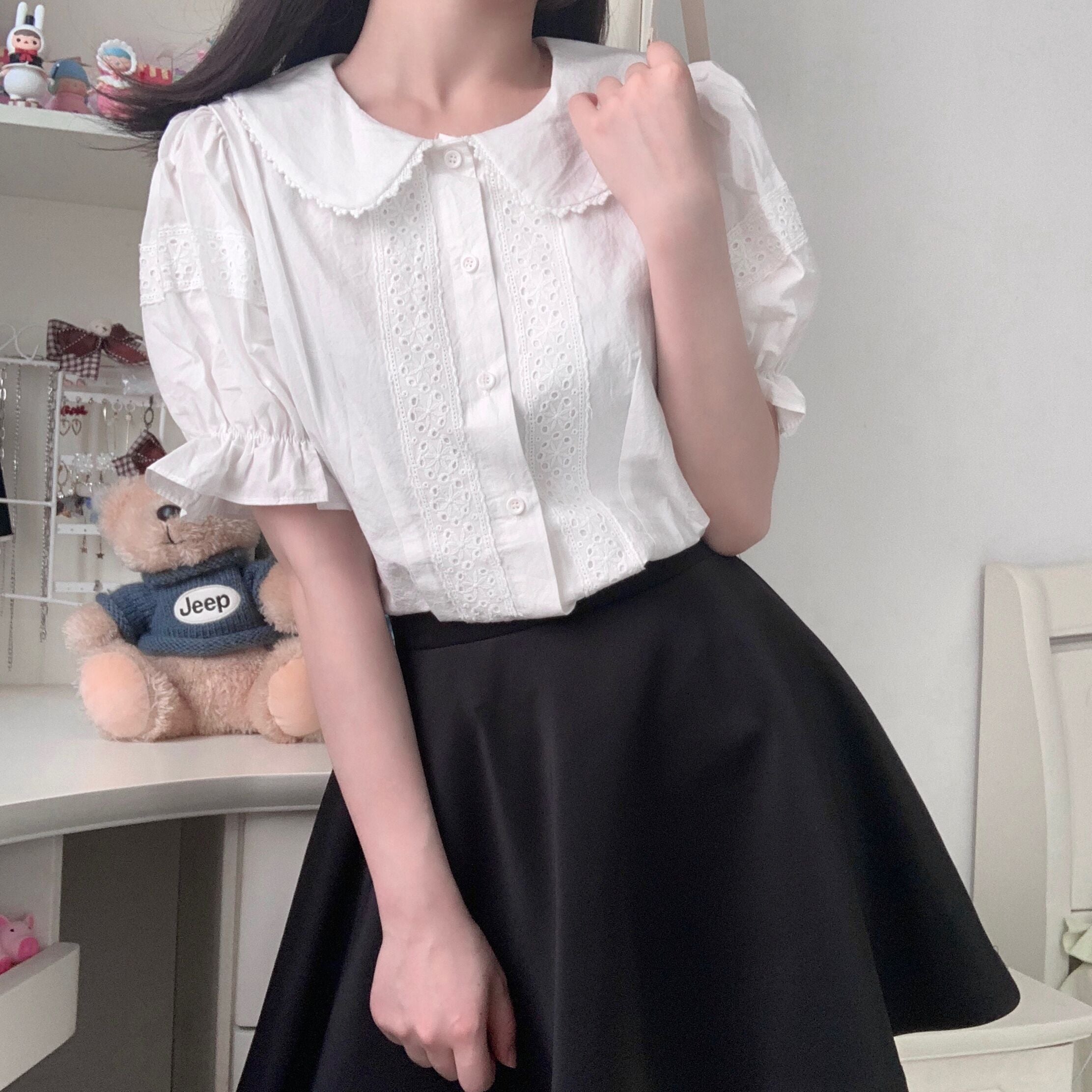 Kawaii Peter Pan Collar Eyelet Short Sleeve Lolita Blouse Shirt