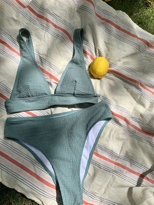 Stretchy Textured V Neck Triangle Bikini Vacation Swimsuit With Padding