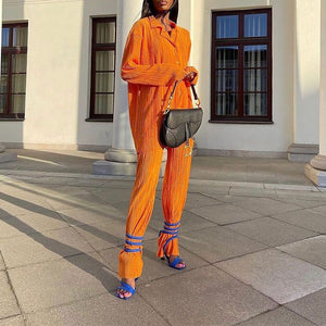 Casual Loose Pleated Collared Shirt And Wide Leg Trousers Loungewear Set
