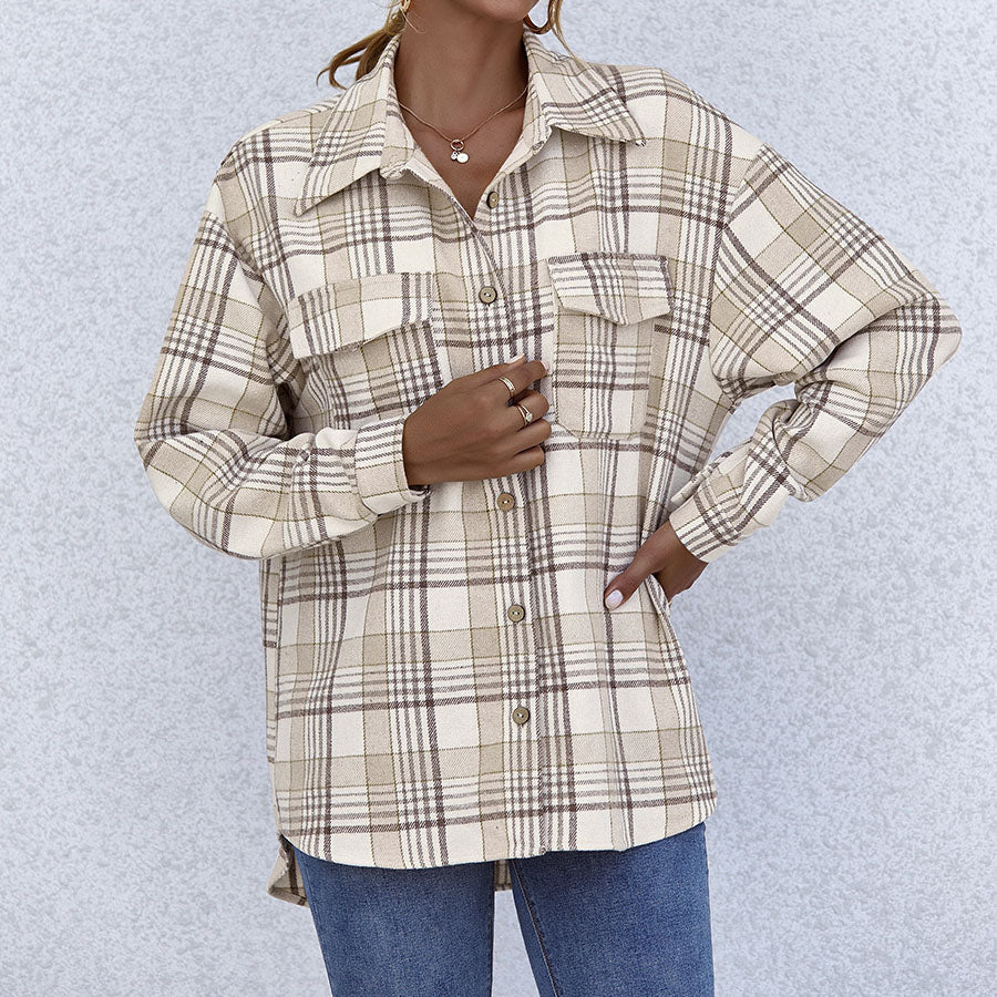 Colorblock Plaid Faux Wool Jacket Flannel Shirt Jacket