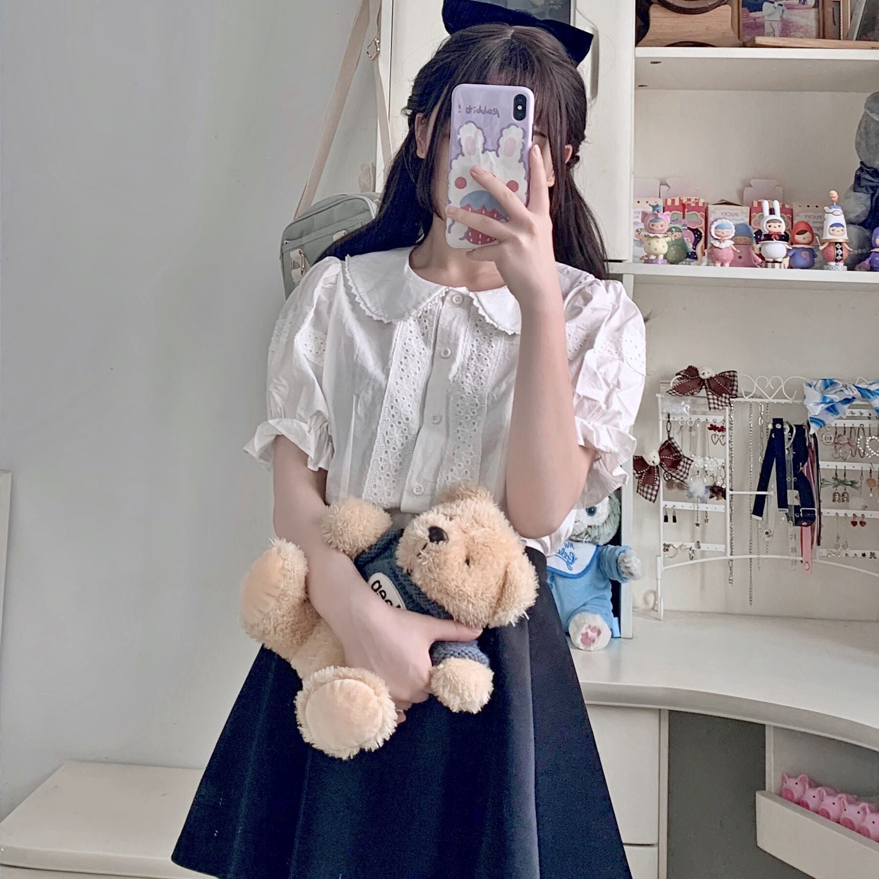 Kawaii Peter Pan Collar Eyelet Short Sleeve Lolita Blouse Shirt