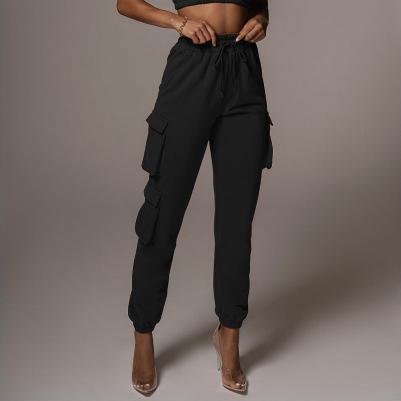 Sporty Crop Top and Pocket Detail Jogger Tracksuit Pant Set