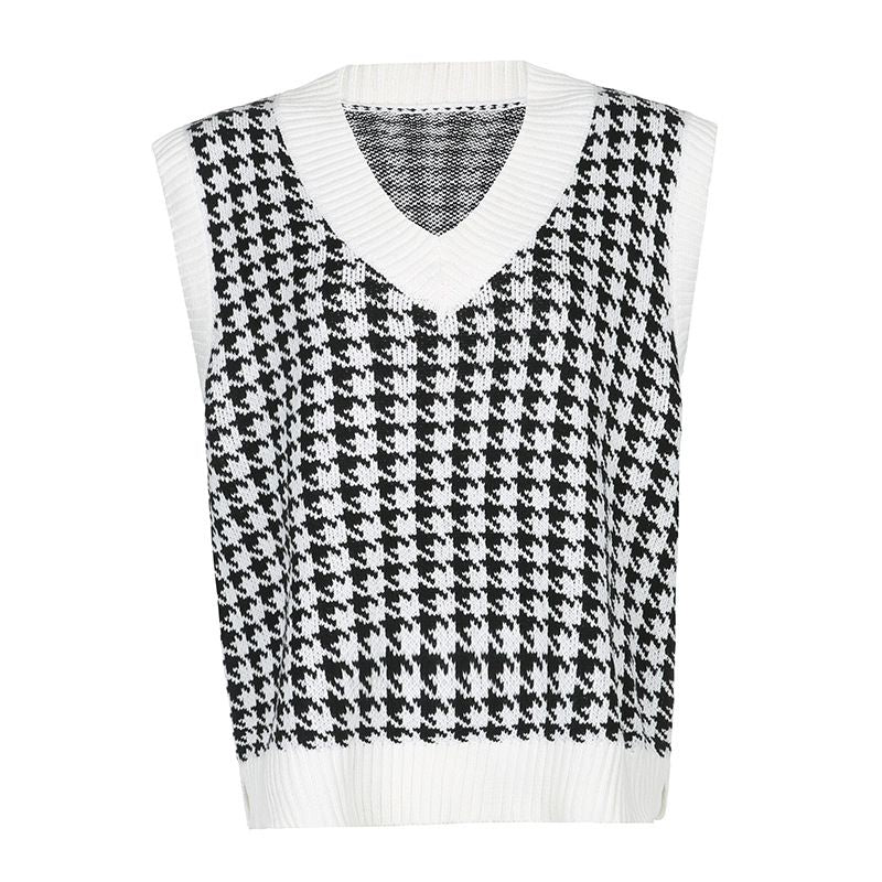 Checkered Cropped Knitted Tank Argyle Sleeveless Jumper