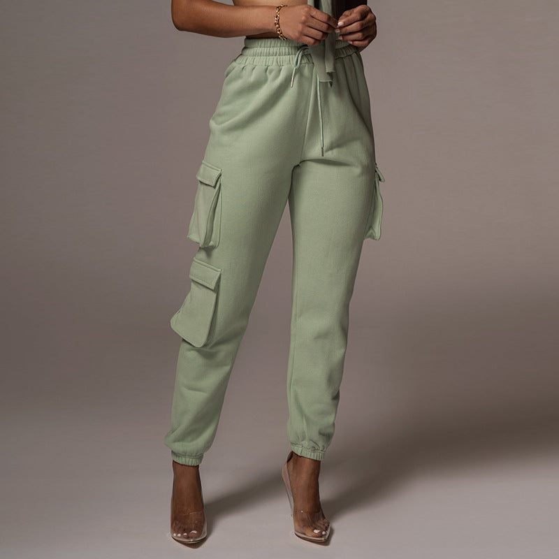 Sporty Crop Top and Pocket Detail Jogger Tracksuit Pant Set