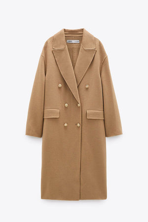 Cashmere Camel Beige Longline Double Breasted Knee Length Wool Trench Coat