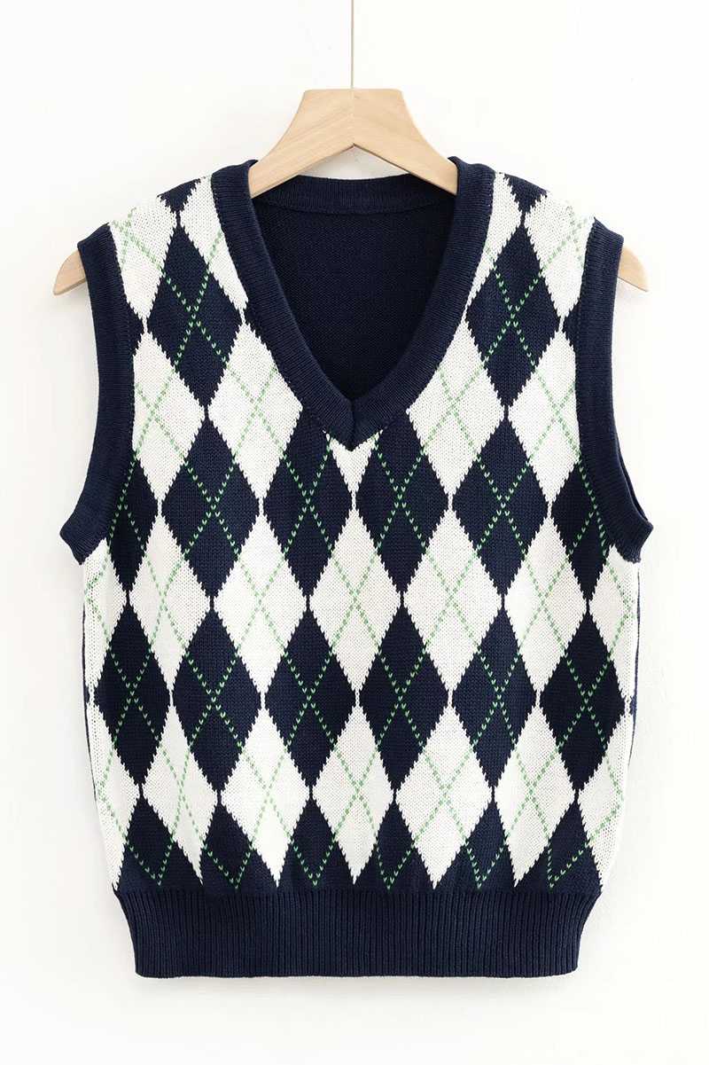 Checkered Cropped Knitted Tank Argyle Sleeveless Jumper