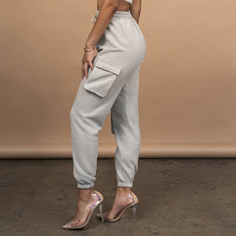 Sporty Crop Top and Pocket Detail Jogger Tracksuit Pant Set