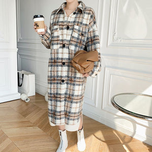 Classy full length long tweed cashmere coat wool peacoat