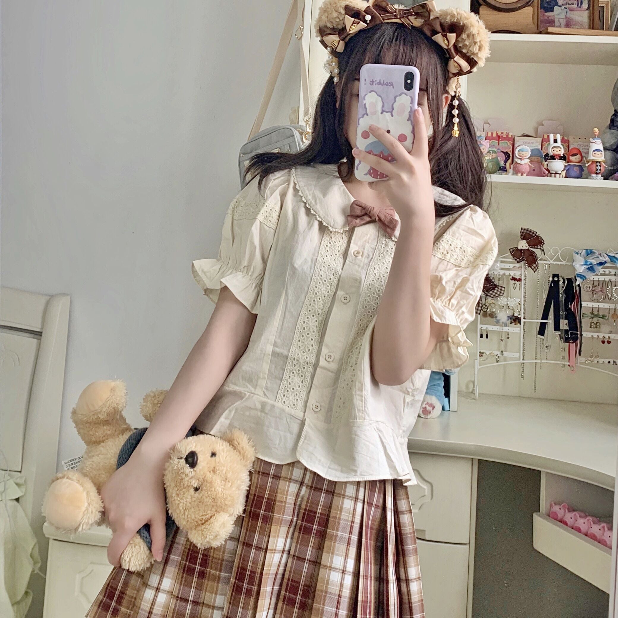 Kawaii Peter Pan Collar Eyelet Short Sleeve Lolita Blouse Shirt