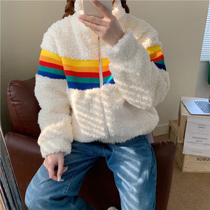 Rainbow Striped Knitted Teddy Fleece Sweatshirt Pullover Jumper