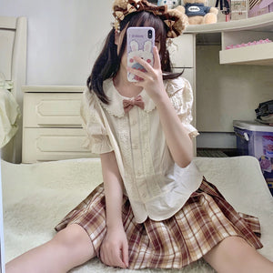 Kawaii Peter Pan Collar Eyelet Short Sleeve Lolita Blouse Shirt