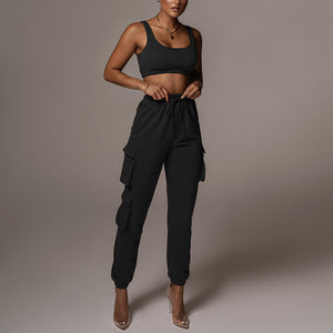 Sporty Crop Top and Pocket Detail Jogger Tracksuit Pant Set